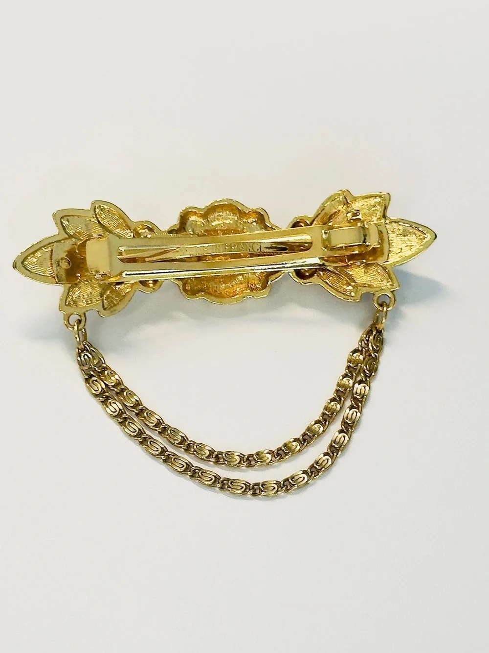 Vintage French Gold Barrette – Victorian Revival Black Cabochon Swag Chain